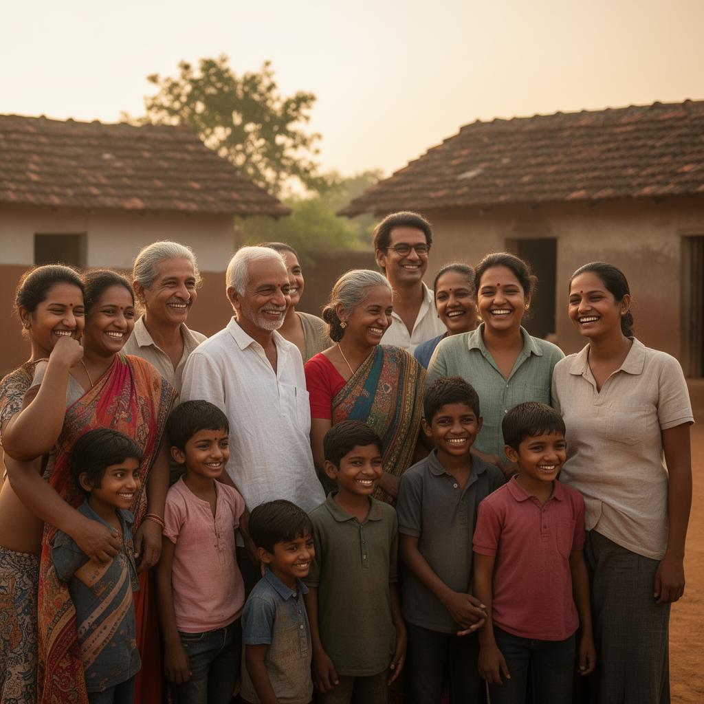 A visiting group standing with villagers and local hosts